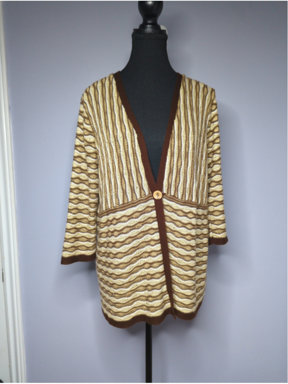 Vintage Christopher & Banks 90s Earth Tone Chevron Wavy Stripe Knit Cardigan
